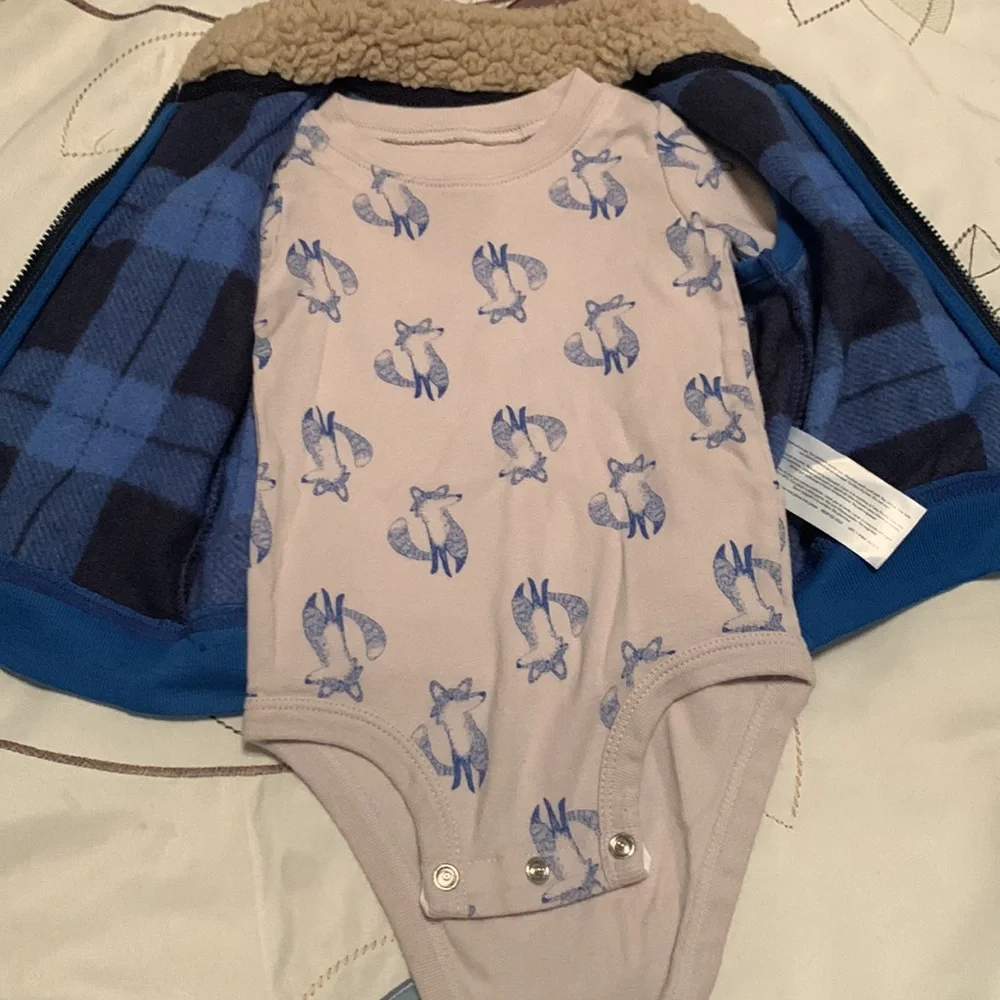Carter’s 3 Piece Set Blue Plaid Best Jacket, Long Sleeve Shirt, Pants Boys 12 mo